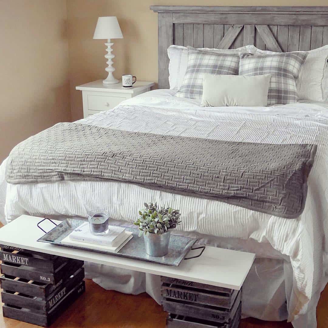 White Bench With Galvanized Tray For Bedside Essentials