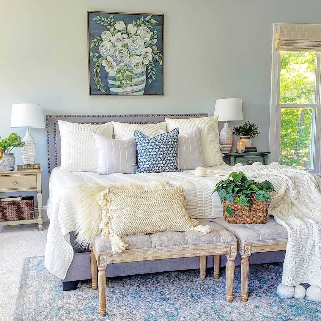 Layer Seating and Texture with Two Upholstered Benches