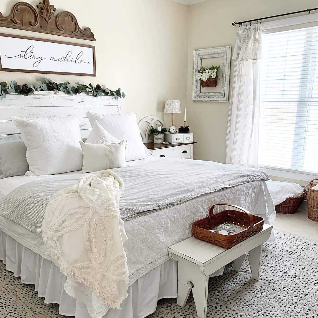 Keep Bedside Items Contained with a White Bench and Basket