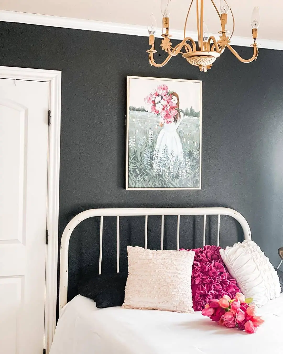 Contrast Deep Walls with Whimsical Floral Artwork