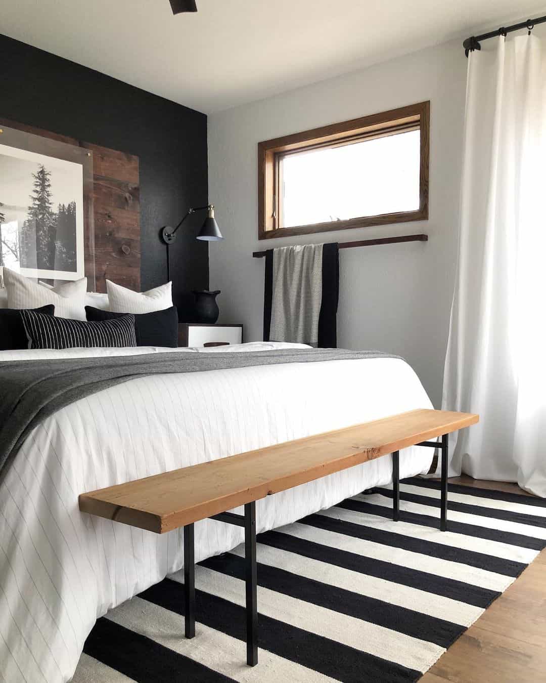 Contrast a Graphic Rug with a Natural Wood Bench