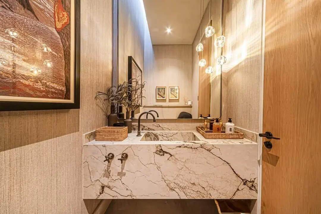 Marble Vanity With Integrated Sink and Woven Tray