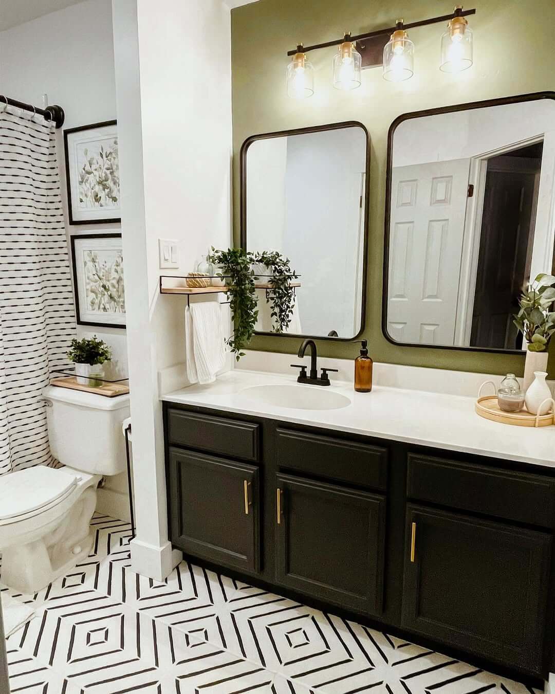 Geometric Tile Flooring Grounds the Black Vanity