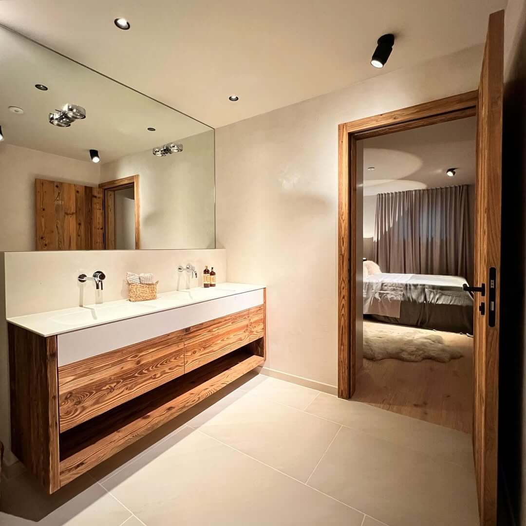 Open Wood Vanity with Integrated Sinks Creates Natural Look
