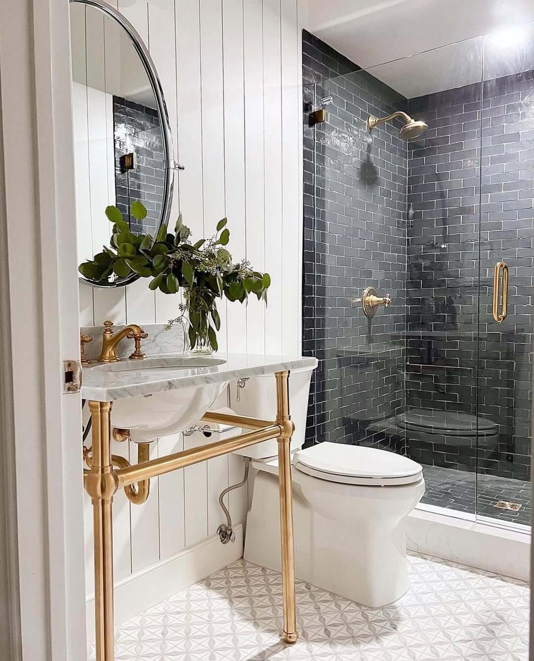 Shiplap Walls Frame a Dark Tile Shower