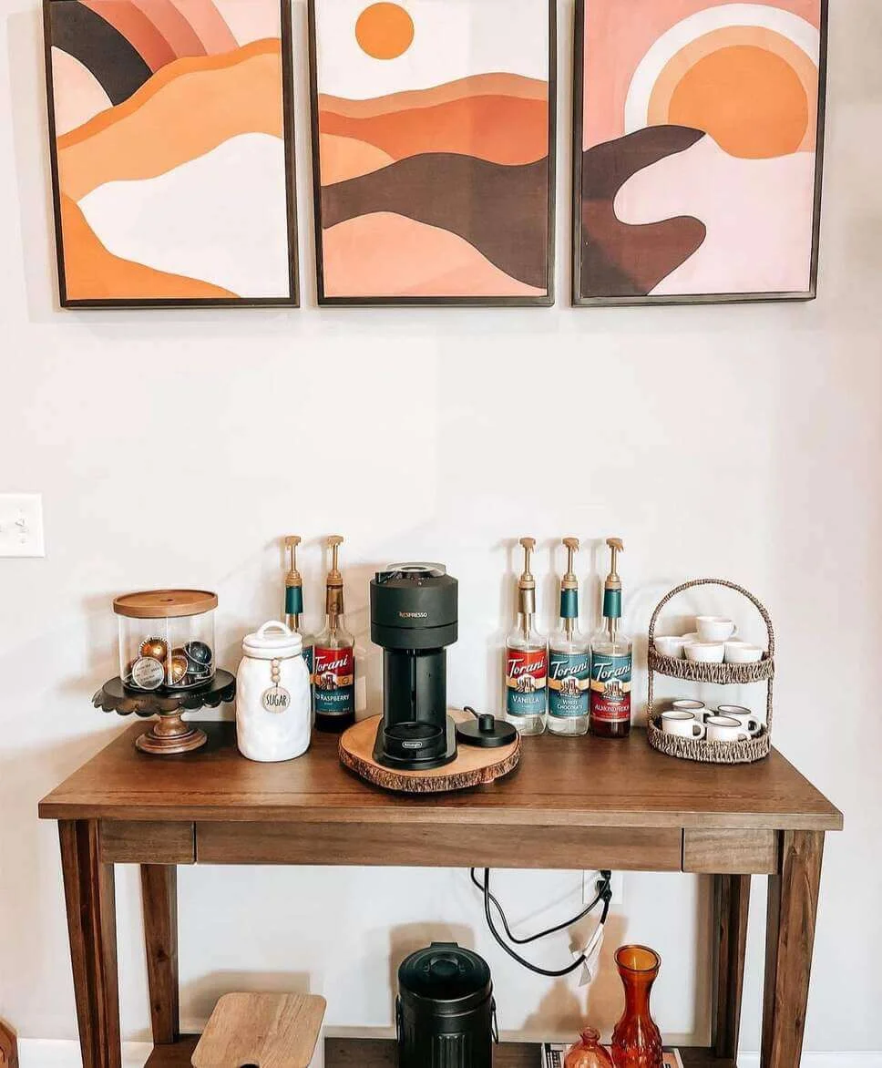 Wooden Tiered Stand Displays Coffee Pods and Mugs