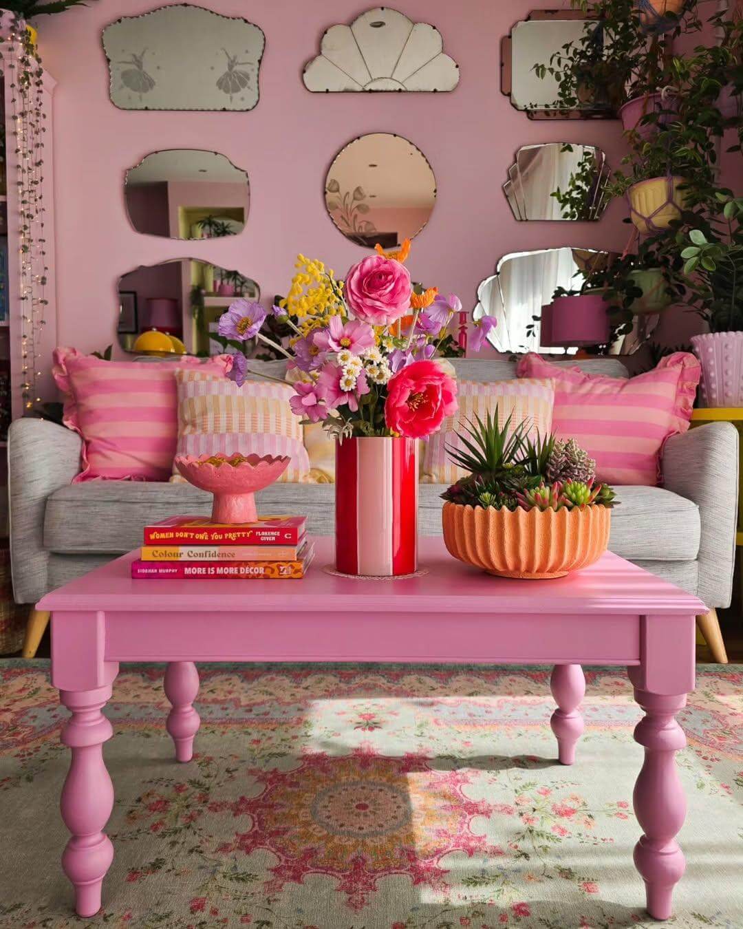 Pink Coffee Table Grounds a Maximalist Living Room
