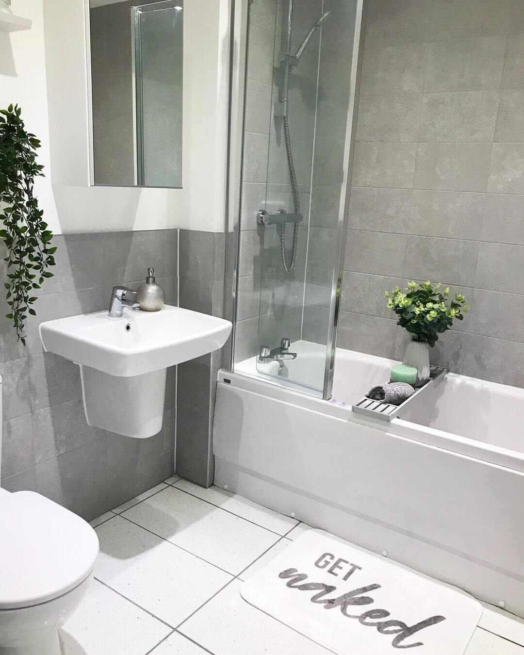 Grey Bath Tray Holds Greenery and Soaps