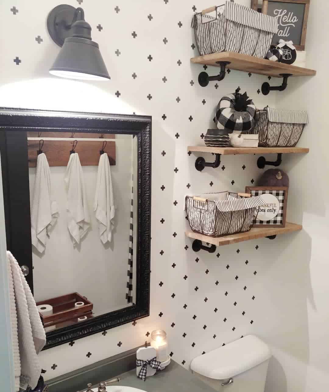 Open Shelves with Striped Baskets Corral Bathroom Essentials