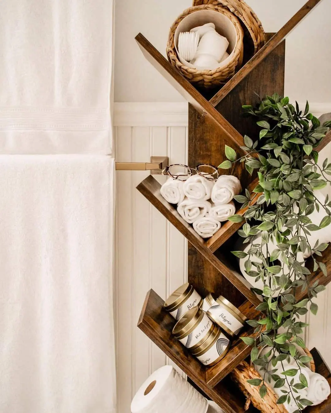 Tiered Wooden Shelf Organizes Toiletries and Towels