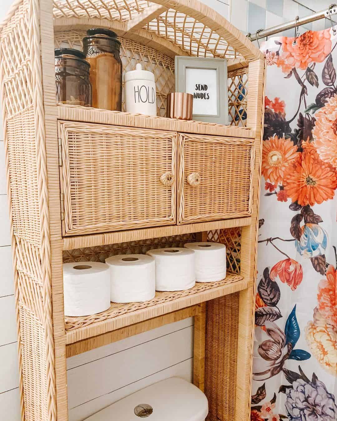 Wicker Shelving Unit Hides Clutter Behind Cabinet Doors