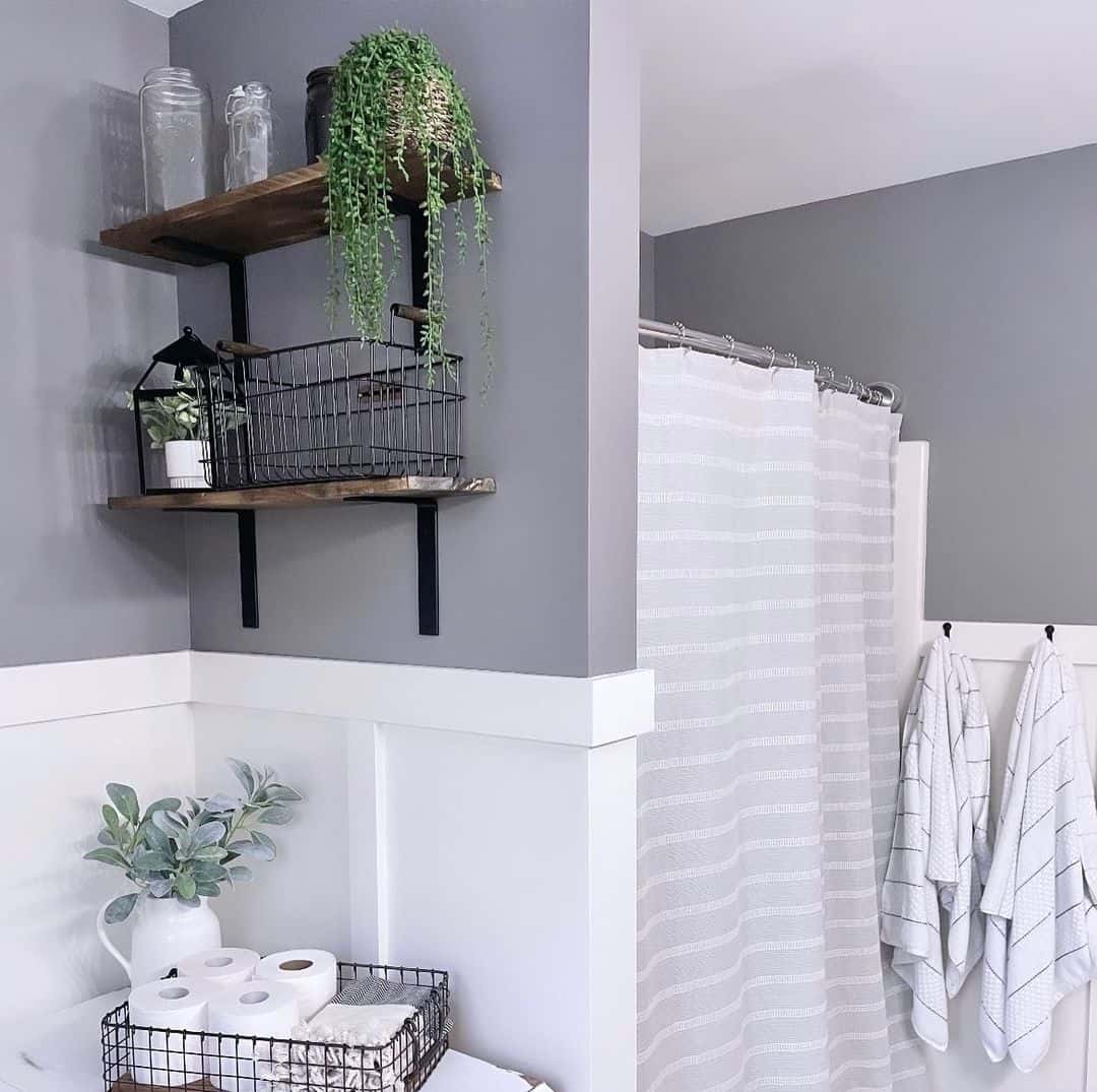 Wire Baskets on Rustic Wood Shelves Create Vertical Storage