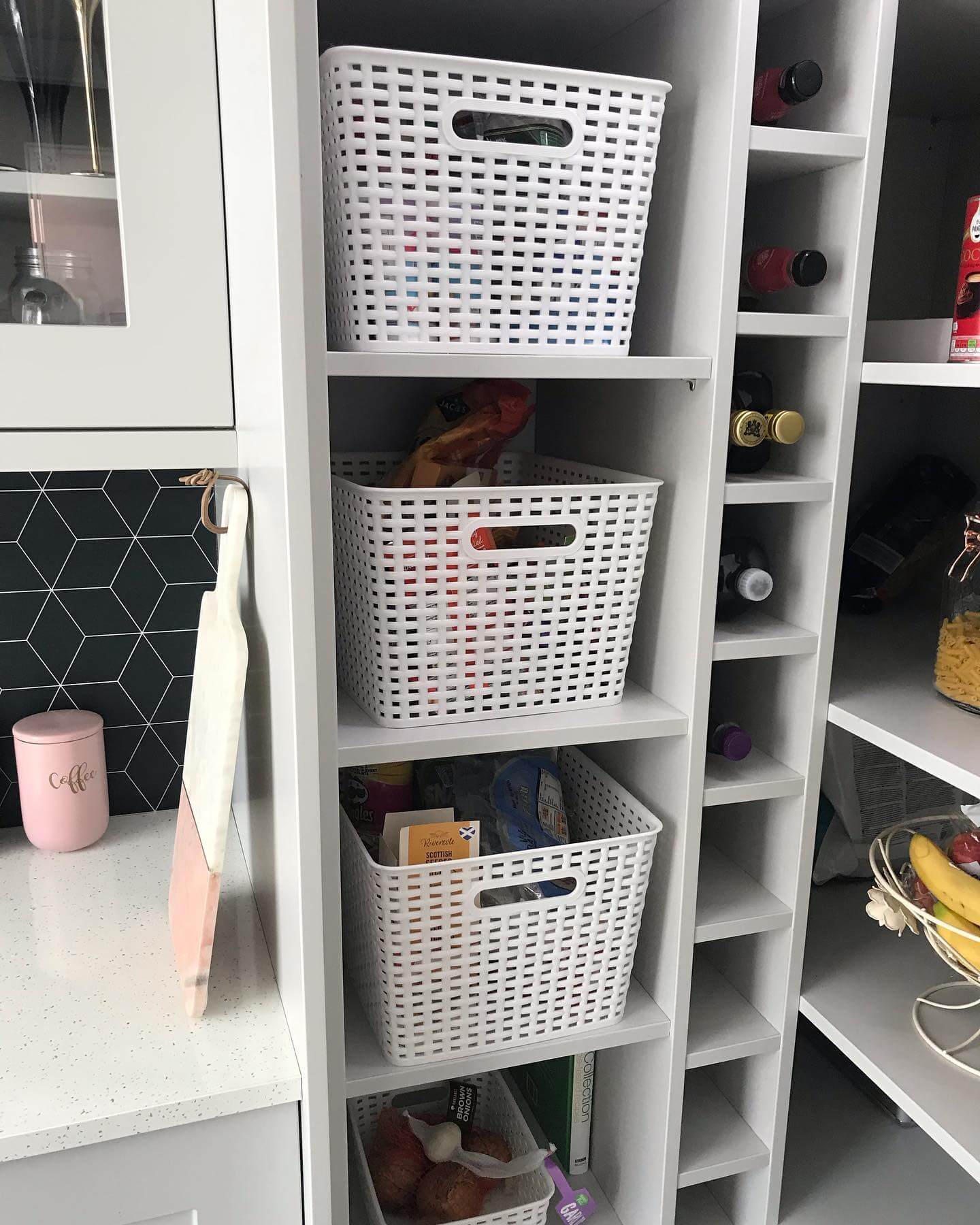 White Baskets Corral Items for Easy Pantry Access