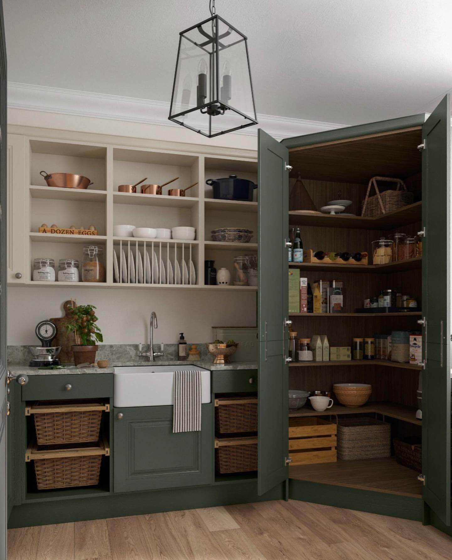 Wooden Crates and Baskets Organize Pantry Floor Space