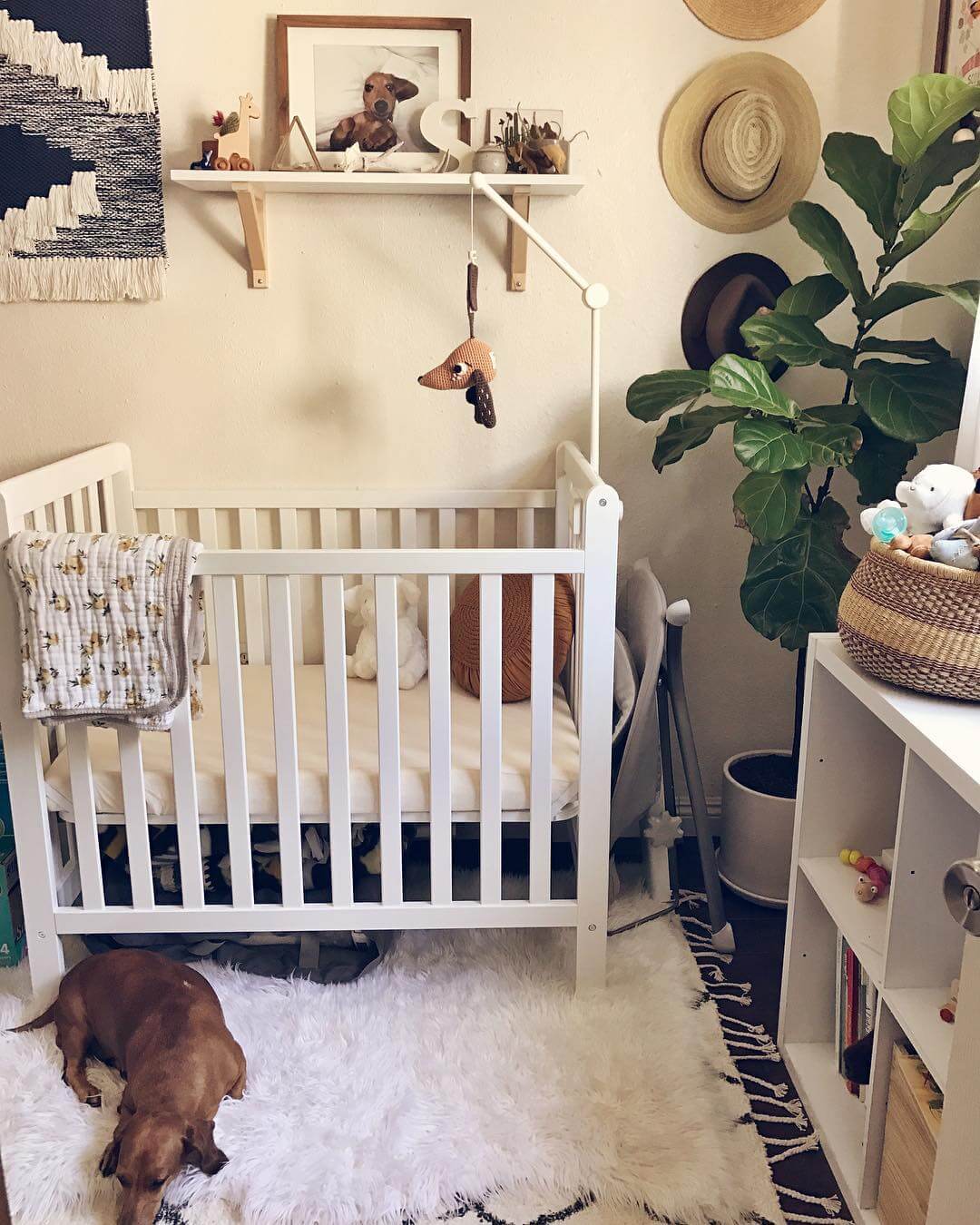 Wooden Shelf Displays Whimsical Nursery Decor Above Crib