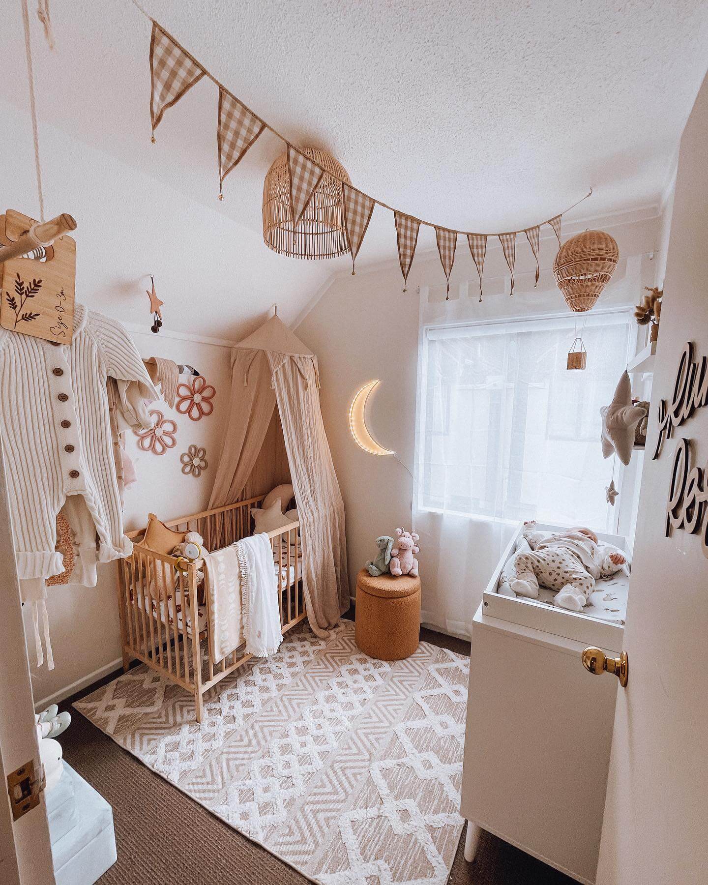 Gingham Banner Adds Playful Texture Above a Rattan Light Fixture