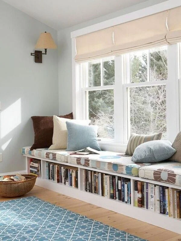Low Window Bench With Integrated Book Shelves