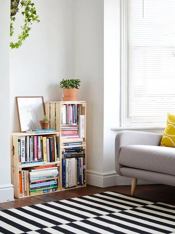 Wooden Crates Stacked for Modular Book Storage