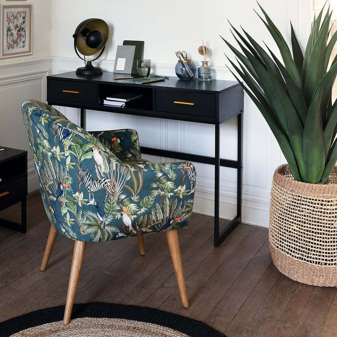 Patterned Armchair Adds a Bold Statement to a Minimalist Desk Corner