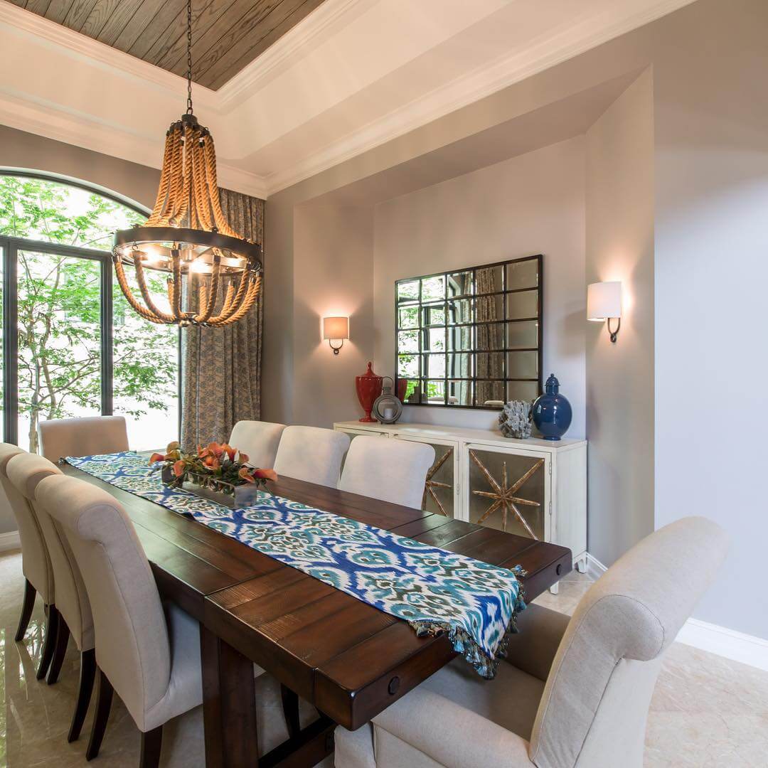 Blue and White Ikat Runner Adds Pattern to Dark Wood Table