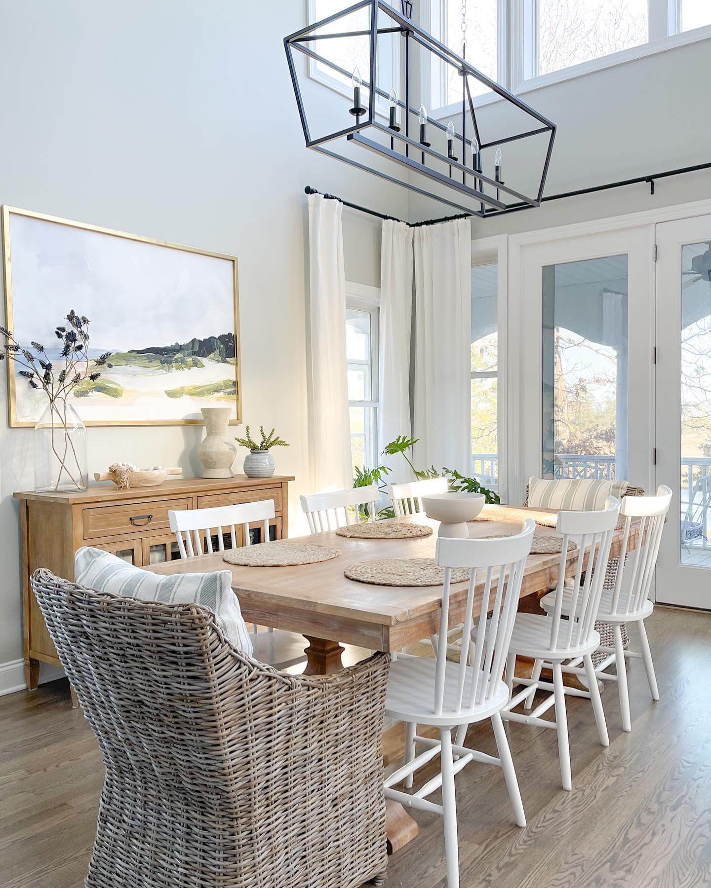 Oversized Abstract Landscape Art Frames the Dining Space
