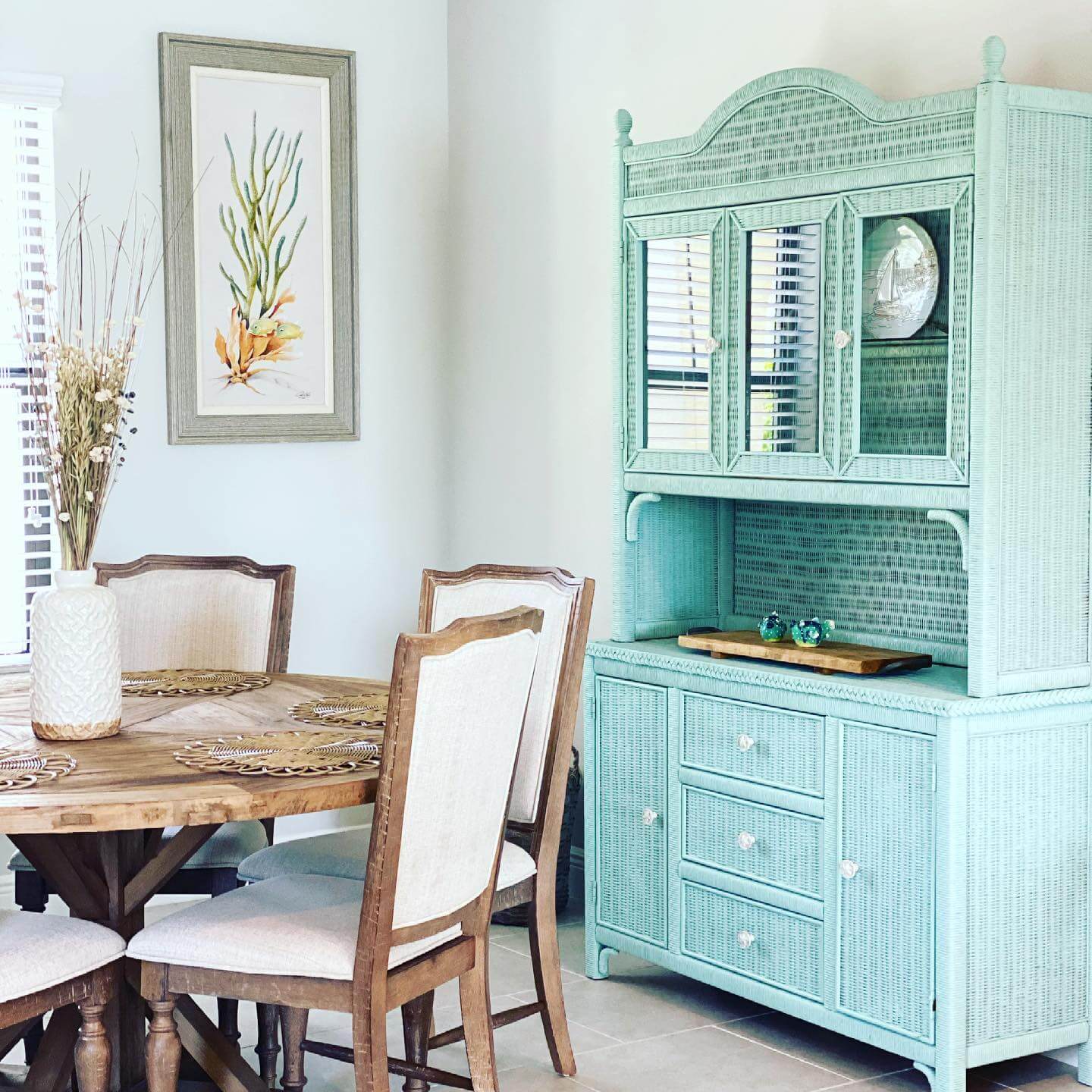 Turquoise Wicker Hutch Offers Coastal Storage