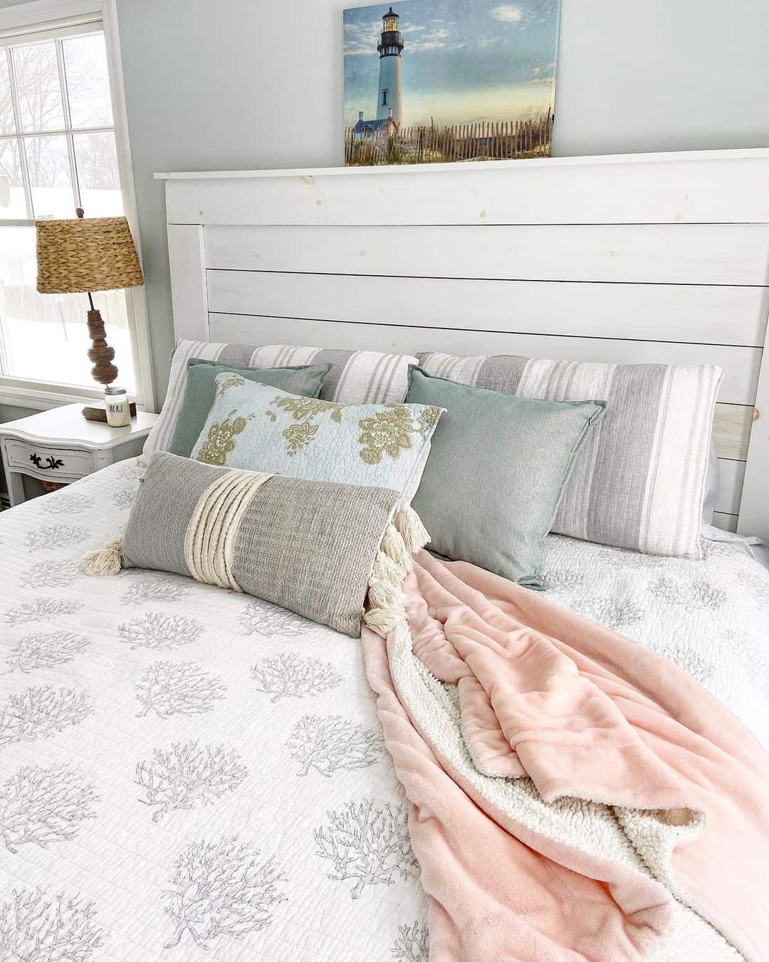 Coral Pattern Quilt Grounds Coastal Bedroom in White and Gray