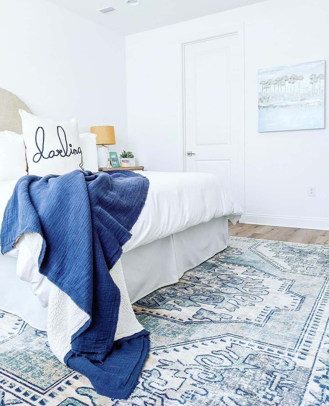 Distressed Blue and White Rug Anchors Coastal Bedding