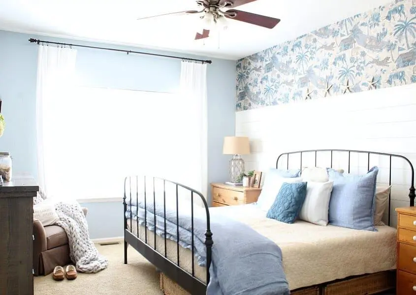 Patterned Wallpaper Adds Whimsy Above Shiplap Walls