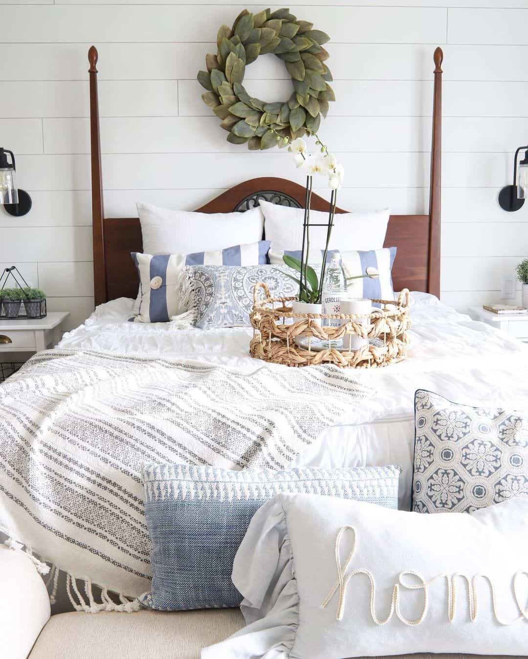 Leafy Green Wreath Anchors Farmhouse Headboard