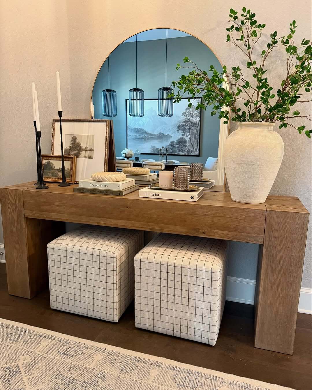 Tuck Patterned Ottomans Under Your Console for Extra Seating
