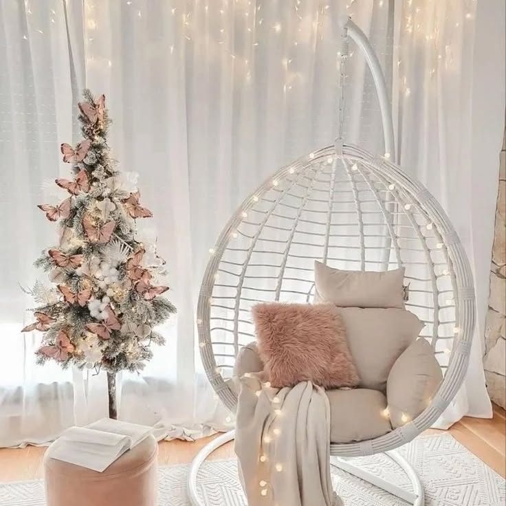 Fairy Lights Add Whimsy to a Hanging Egg Chair Nook