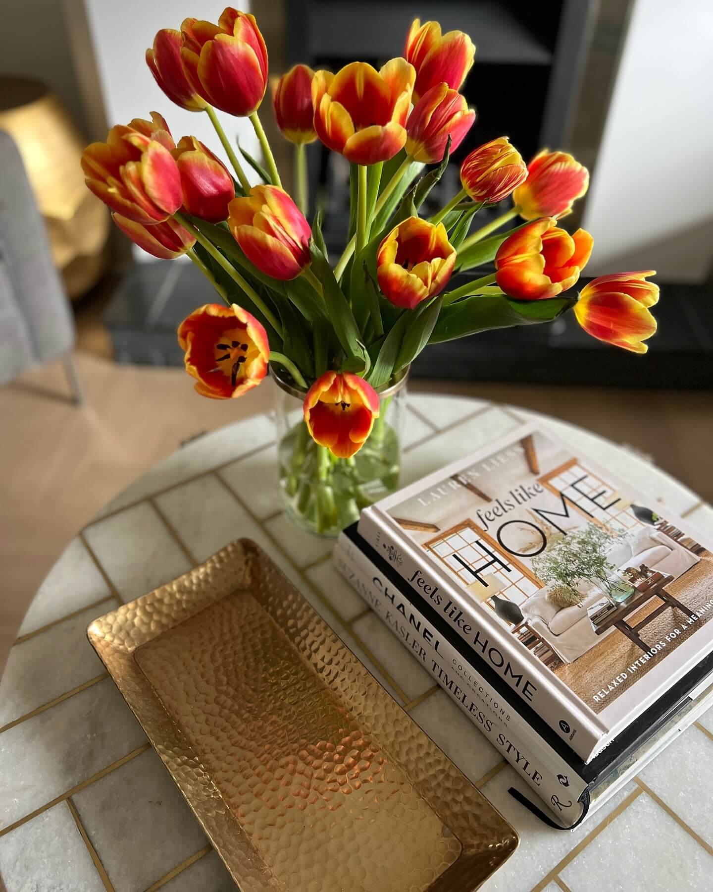 Hammered Gold Tray Holds Stacked Decor Books