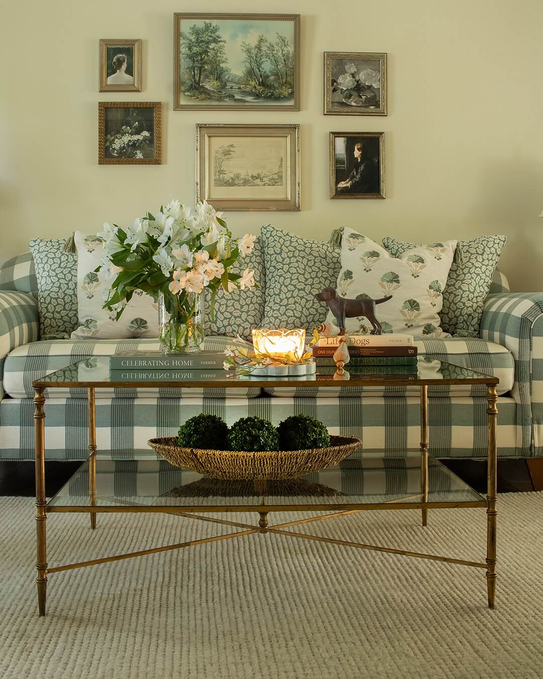 Woven Basket Holds Boxwood Spheres for Natural Texture