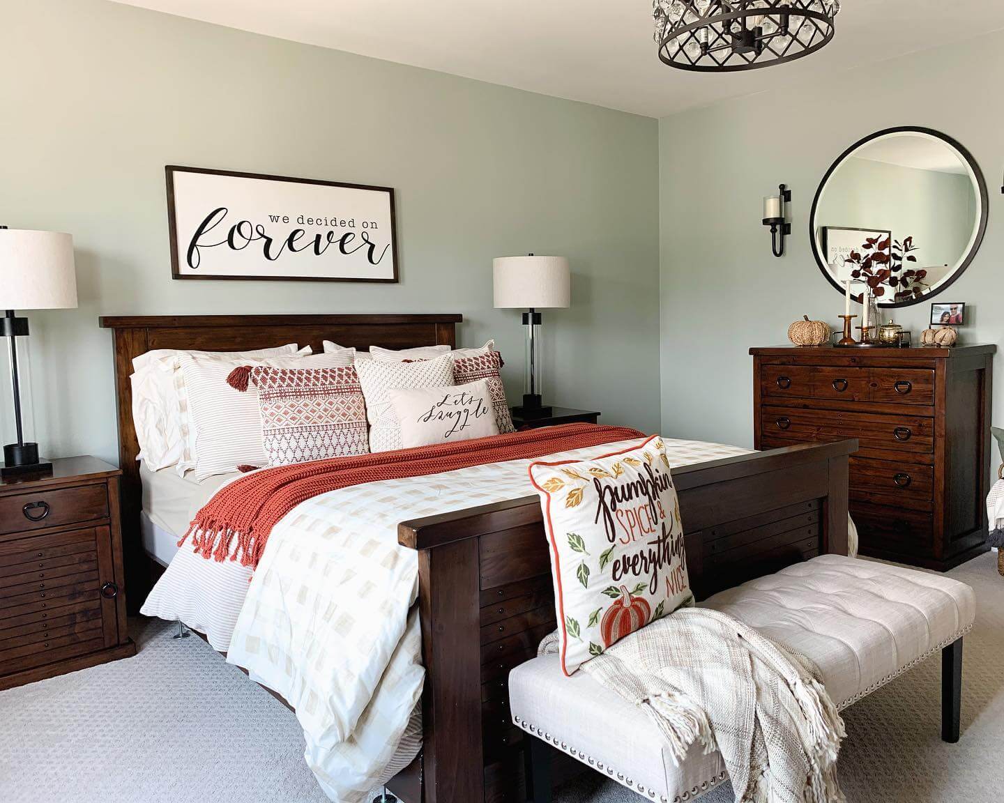 Textured Fall Pillow Adds Seasonal Whimsy to Bedroom Bench