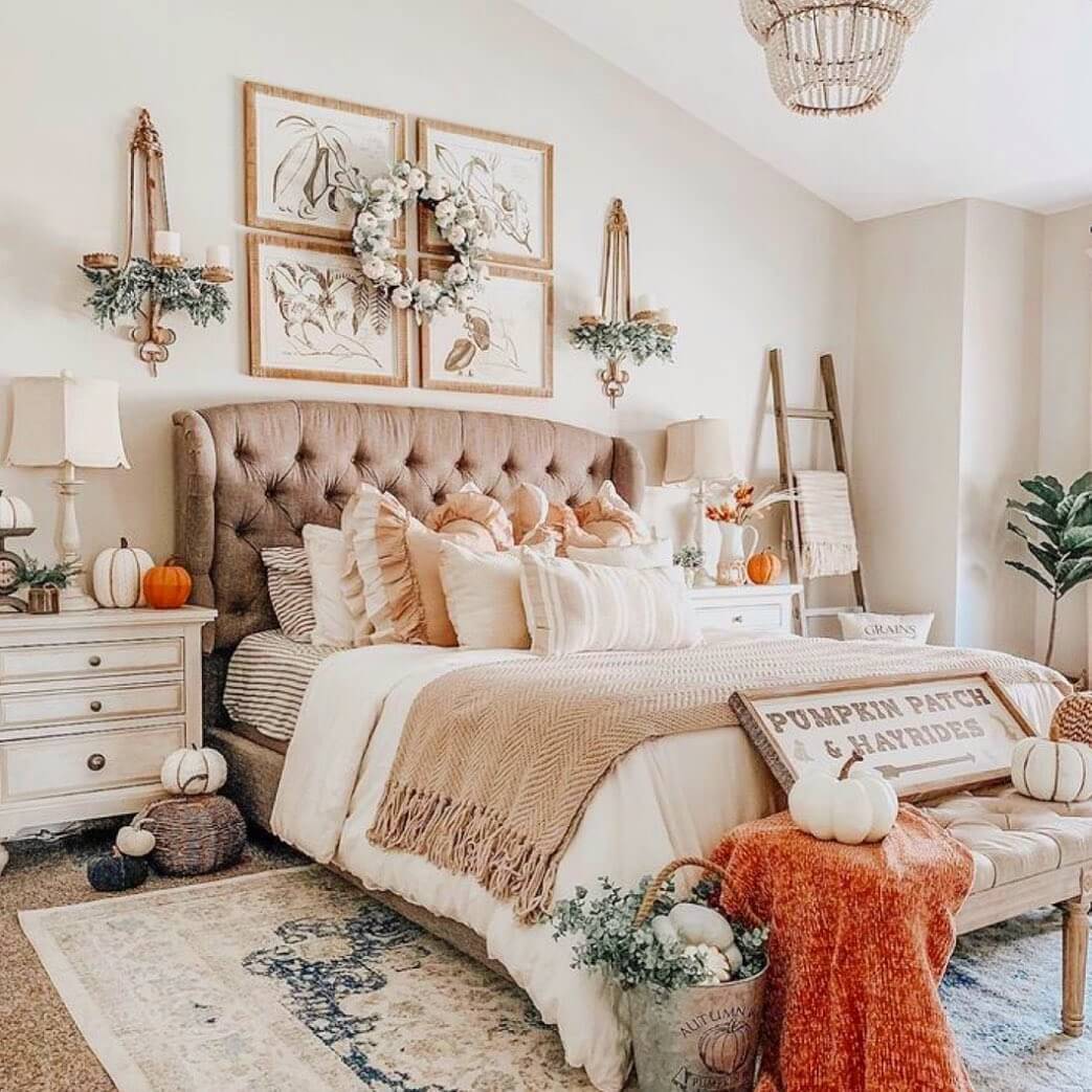 Botanical Prints and Pumpkin Wreath Frame the Headboard