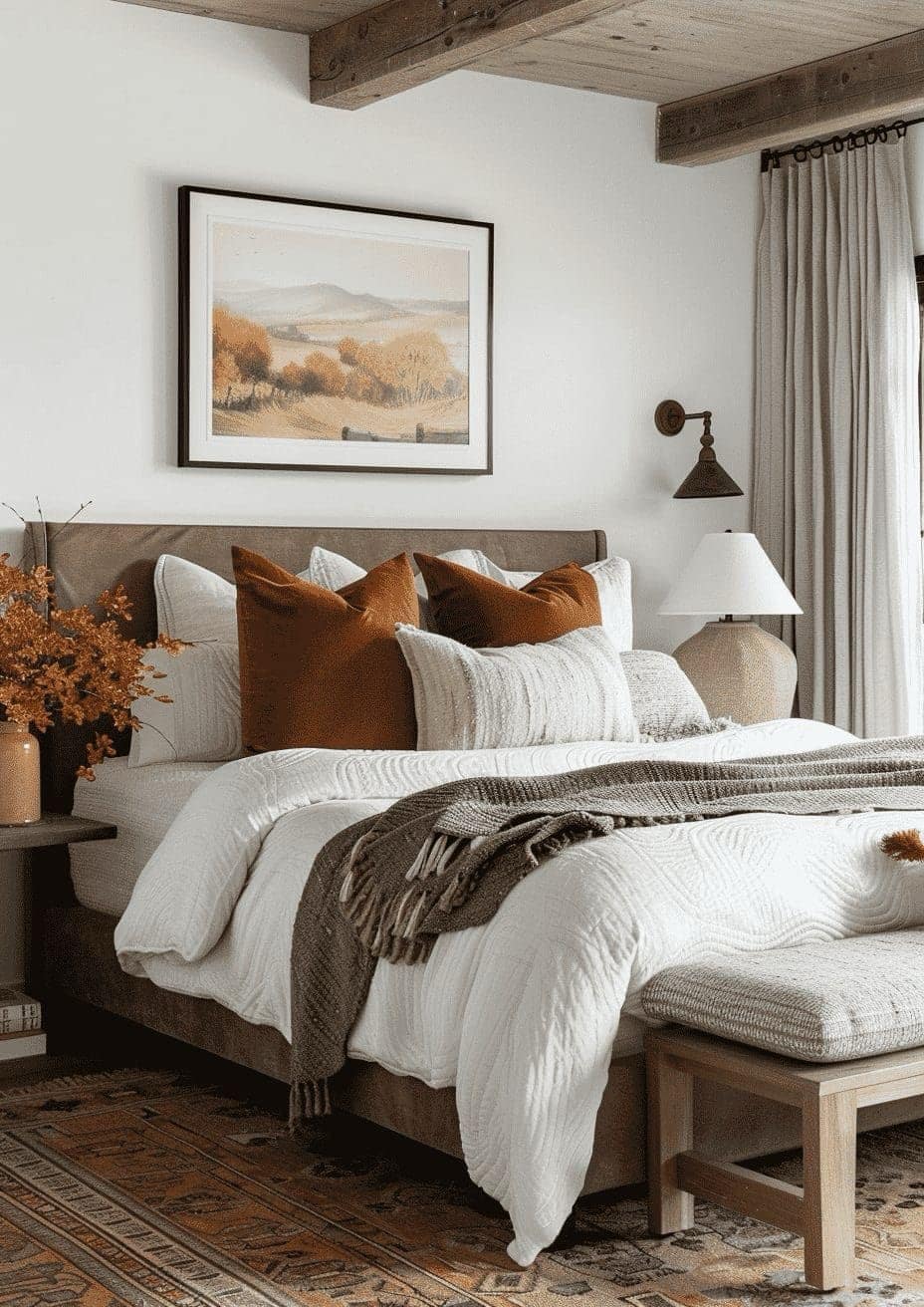 Framed Landscape Art Echoes Autumnal Hues Above the Bed