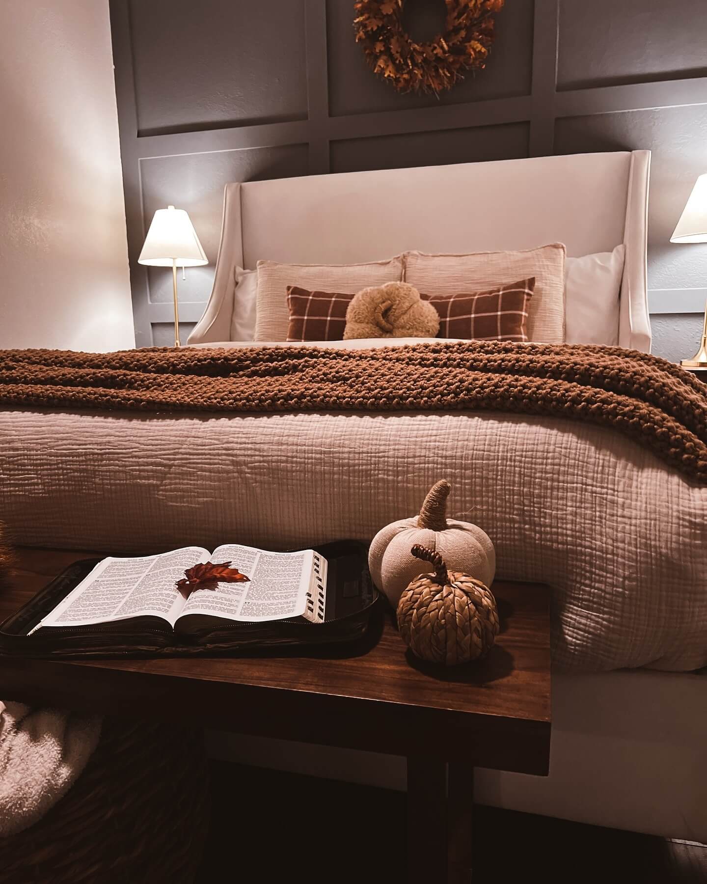 Textured Pumpkins Add Fall Whimsy to a Bedside Table