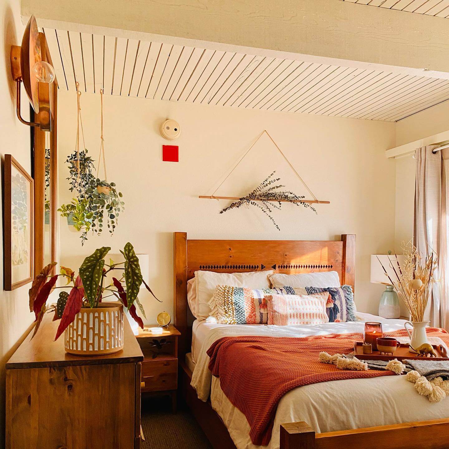 Hanging Plants Add Natural Texture Near the Bed
