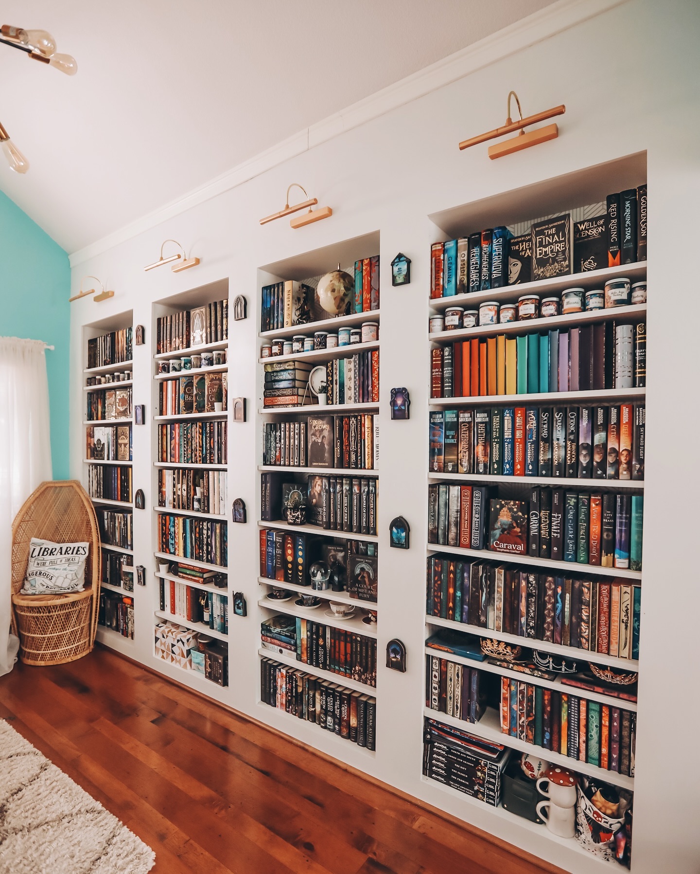 Position Brass Reading Lights Over Bookshelves