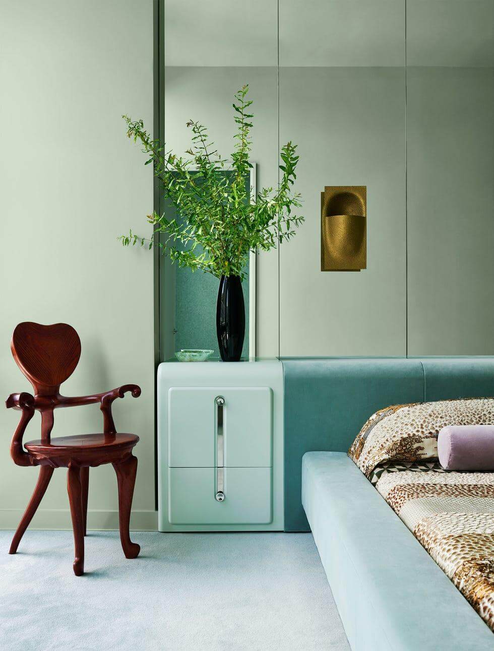 Sculptural Wooden Chair Adds Whimsical Charm to Bedroom Corner