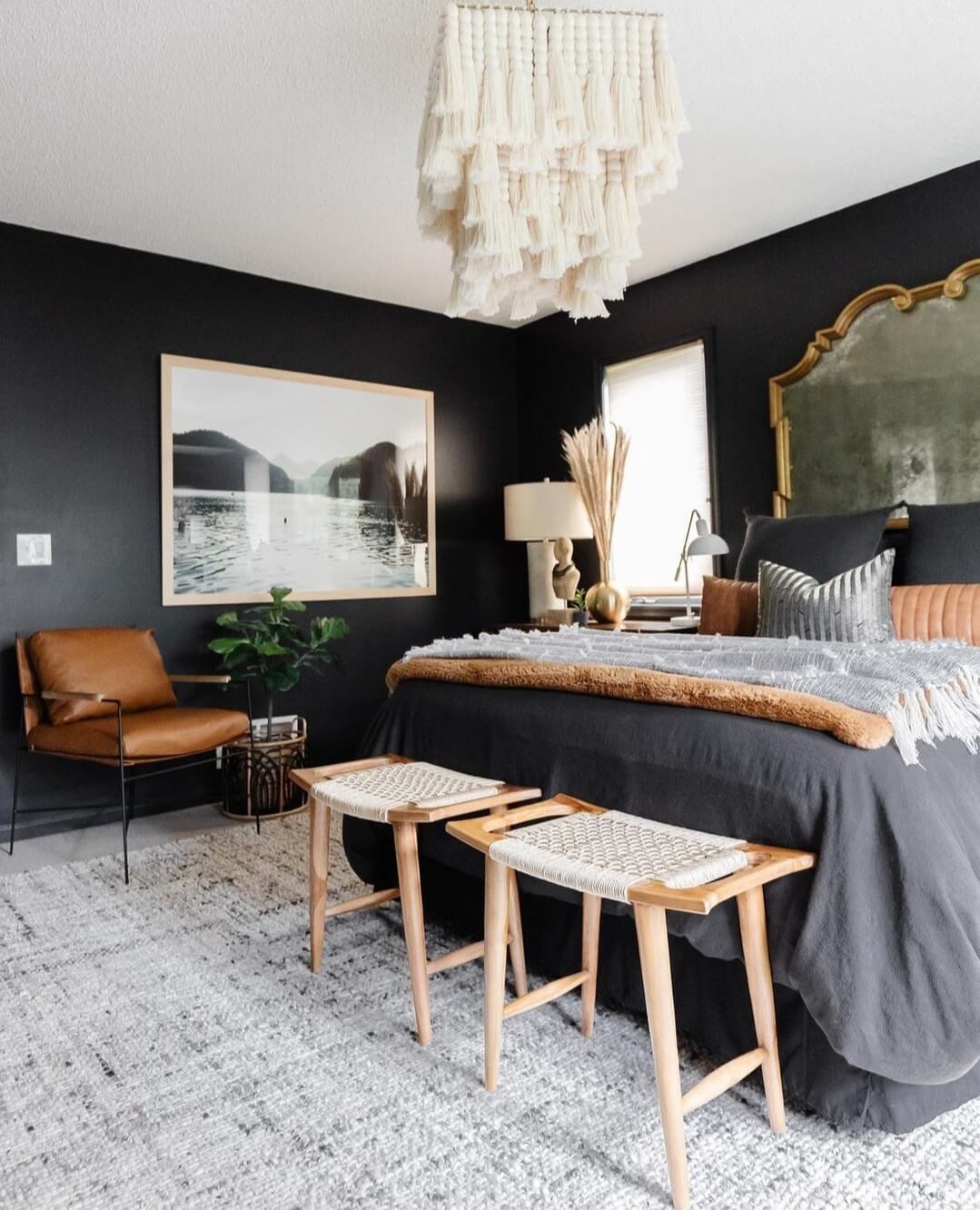 Tassel Chandelier Adds Cozy Texture to Dark Bedroom