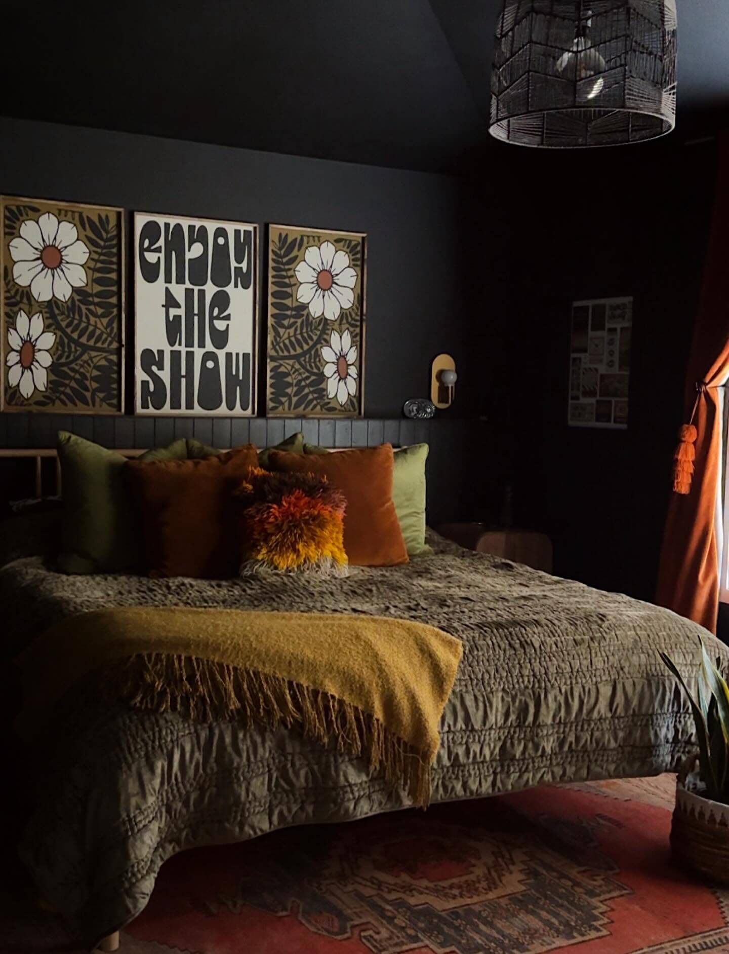 Graphic Floral Triptych Art Adds a Bold Statement Above the Bed
