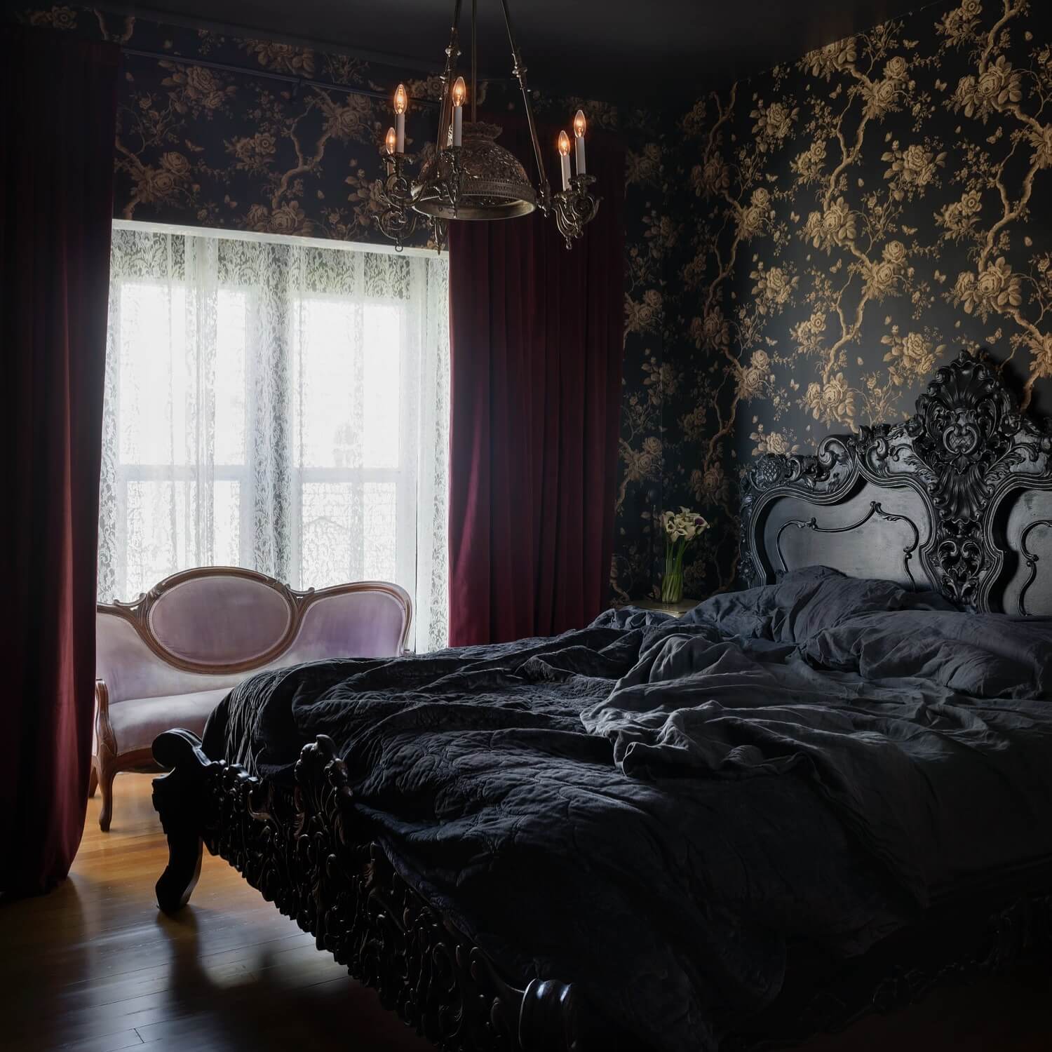 Dramatic Dark Floral Wallpaper Creates an Opulent Backdrop