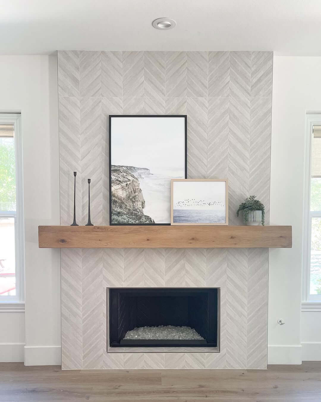 Herringbone Tile Adds Subtle Pattern to the Fireplace Wall