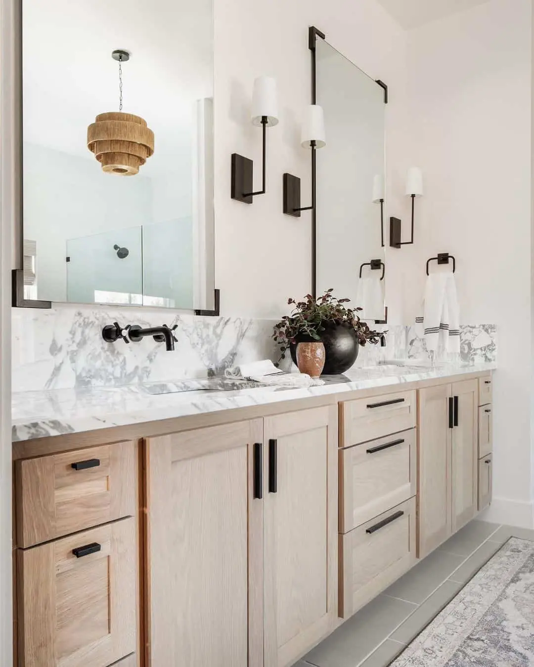 Marble Backsplash with Natural Wood Vanity
