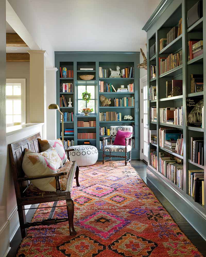 Deep Teal Hallway Shelves for a Cozy Library Feel