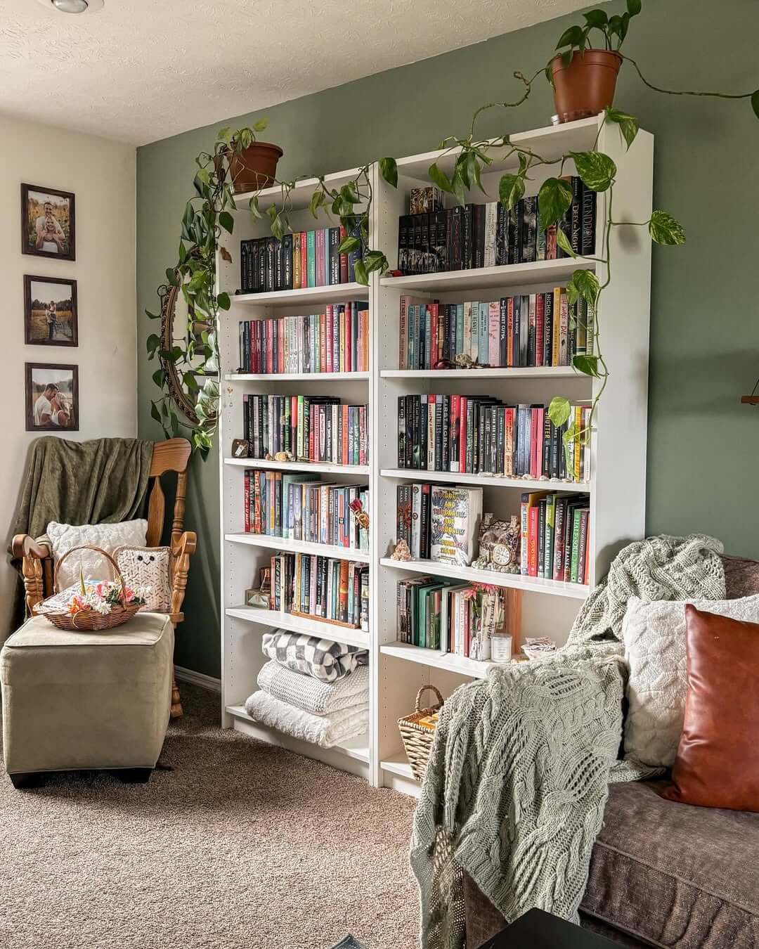 Pothos Vines Adding Organic Flow to White Shelves