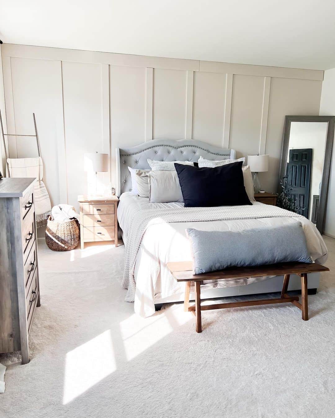 Wooden Bench Adds Cozy Seating at the Foot of the Bed