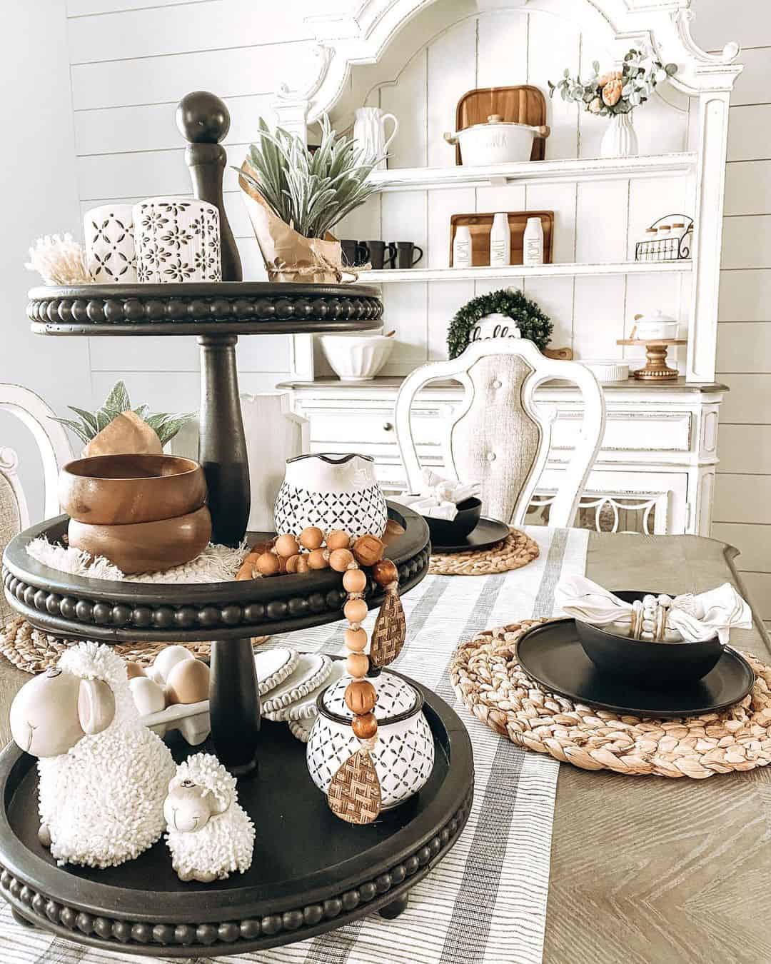 Wooden Beads Drape Over Tiered Tray Decor